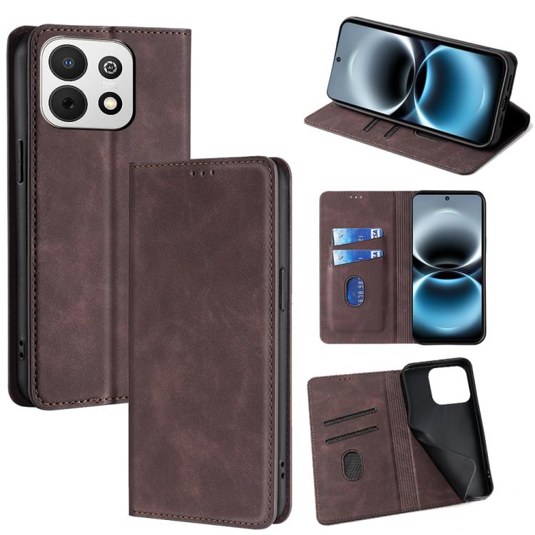 Dark brown leather magnetic folio phone case with card slots and stand