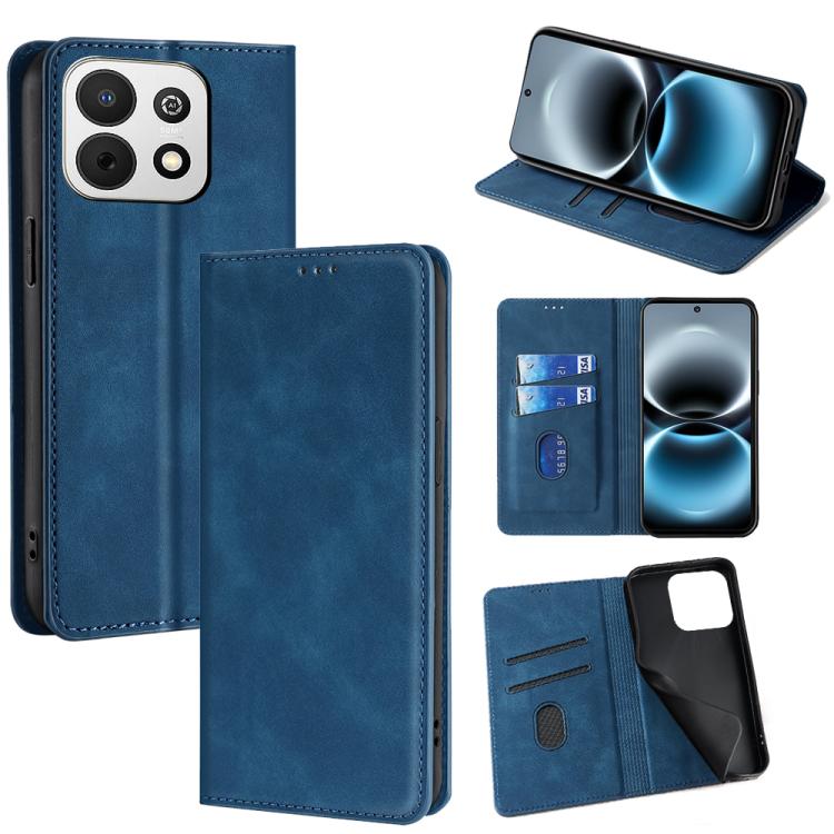 Blue leather magnetic folio phone case with card slots and stand