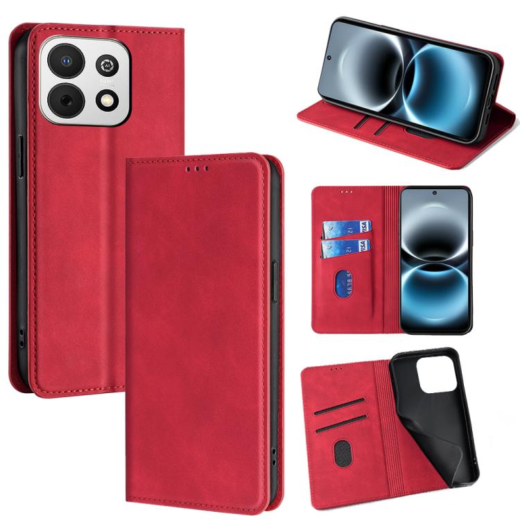Red leather magnetic folio phone case with card slots and stand