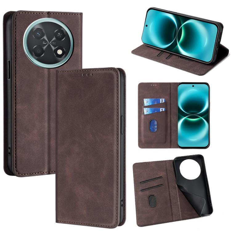Dark brown leather magnetic wallet phone case with circular camera cutout and card slots