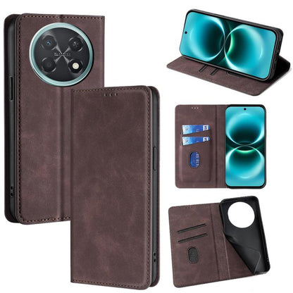 Dark brown leather magnetic wallet phone case with circular camera cutout and card slots
