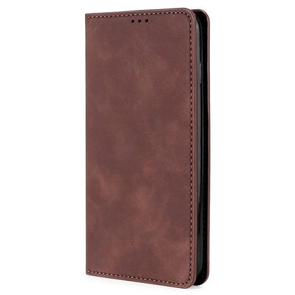 Dark brown leather magnetic phone case folio with stitched edges and front cover
