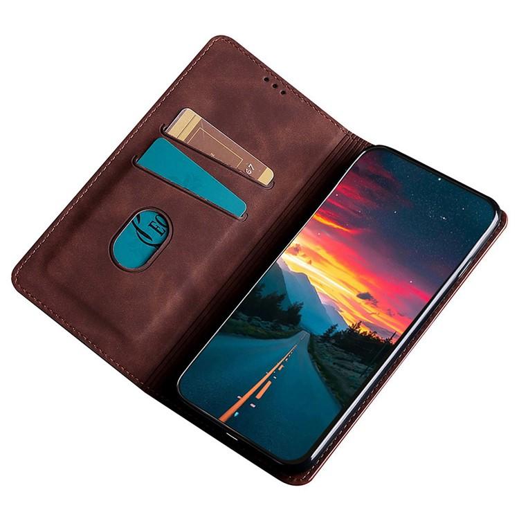 Dark brown leather folio phone case with hidden card slots and magnetic clasp