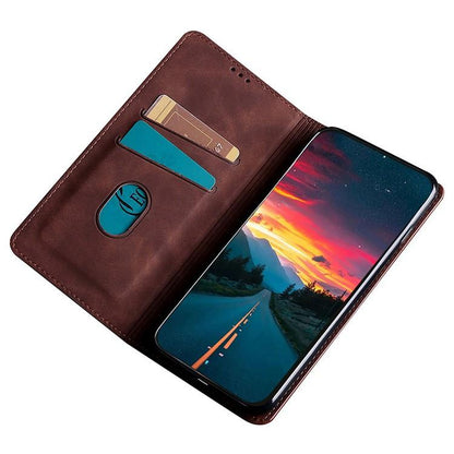 Dark brown leather folio phone case with hidden card slots and magnetic clasp