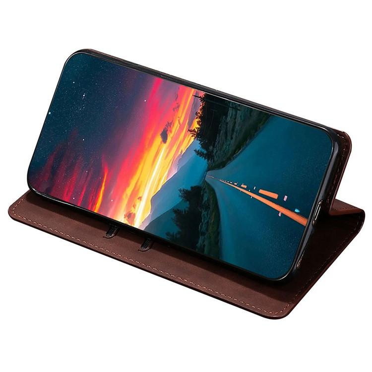 Dark brown leather magnetic wallet case for phone with stand-up viewing cover