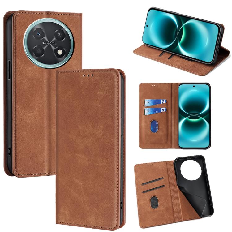 Light brown leather magnetic wallet phone case with circular camera cutout and stand cover