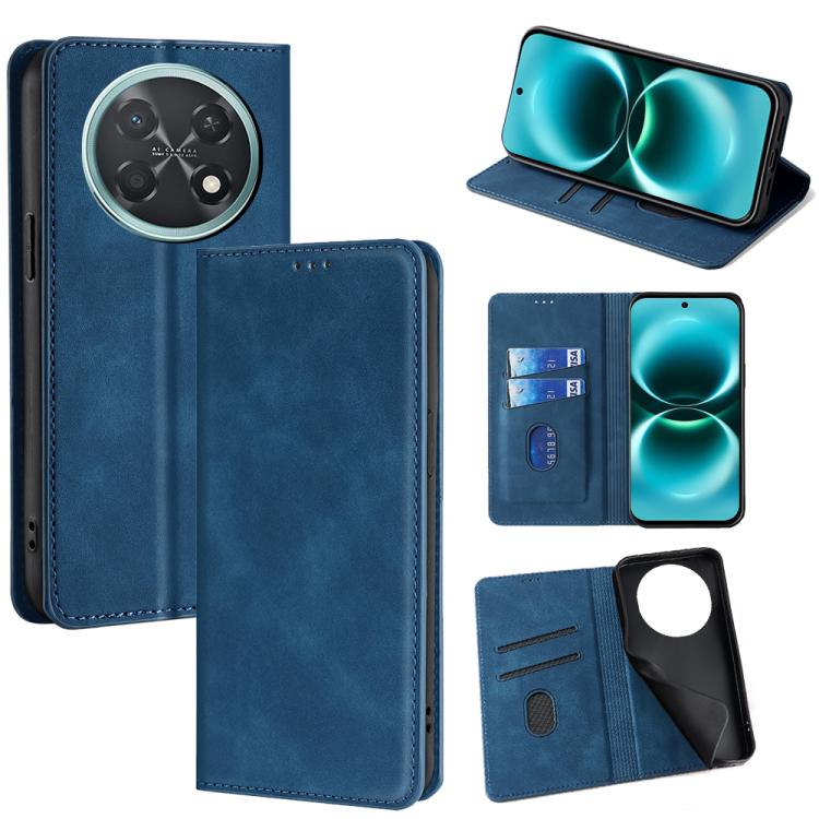 Blue leather magnetic wallet phone case with circular camera cutout and card holder