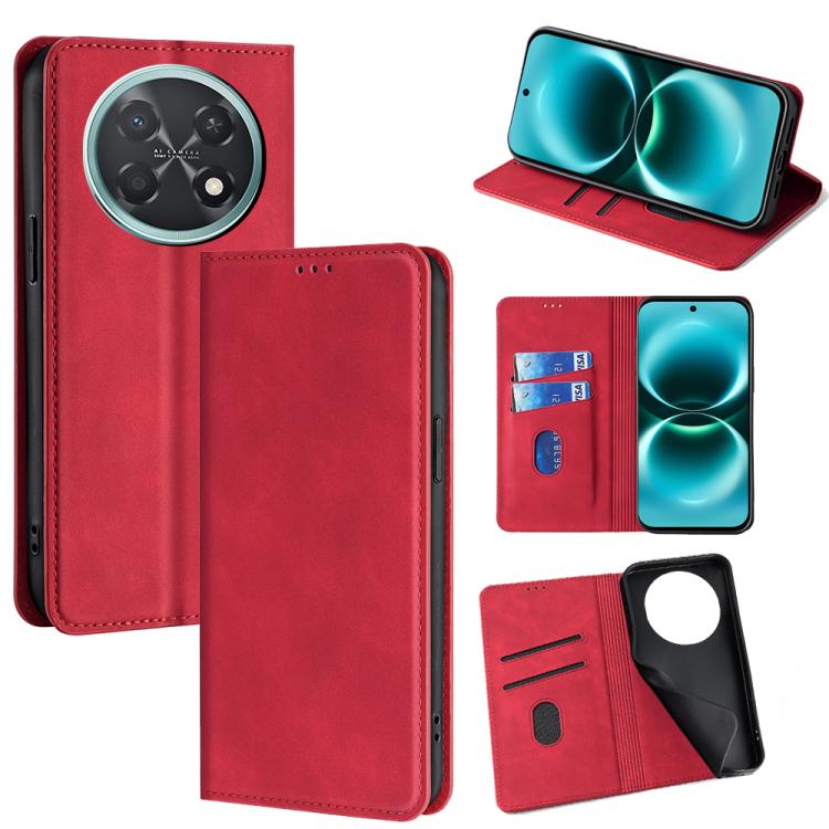 Red leather magnetic wallet phone case with circular camera cutout and flip stand