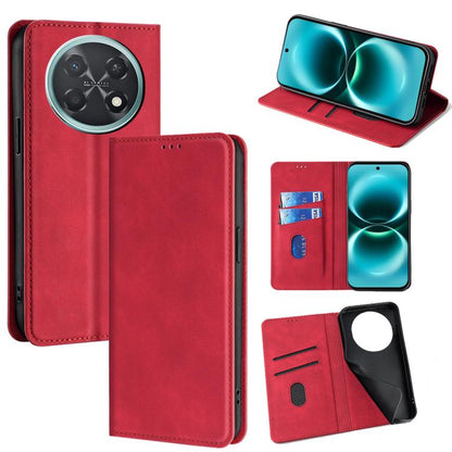 Red leather magnetic wallet phone case with circular camera cutout and flip stand