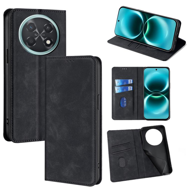 Black leather magnetic wallet phone case with circular camera cutout and card slots