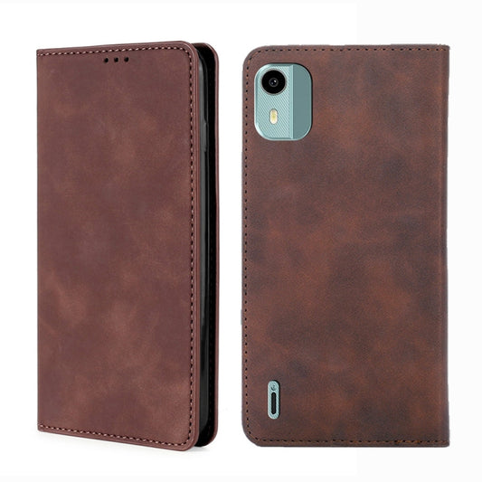 Magnetic leather phone wallet case, dark brown, with camera cutout and side flip cover.