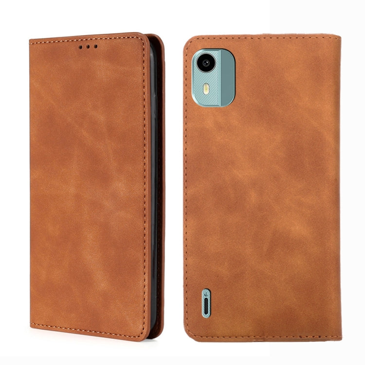 Brown leather phone case with front speaker cutout and rear camera opening