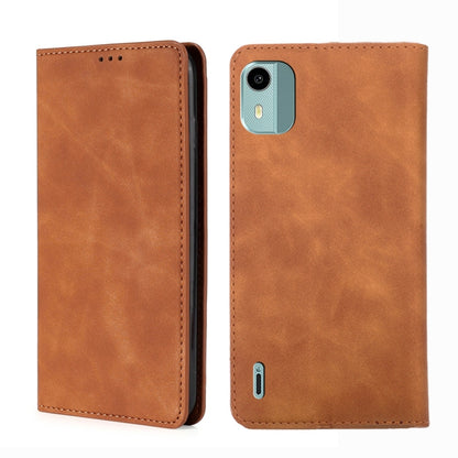 Brown leather phone case with front speaker cutout and rear camera opening