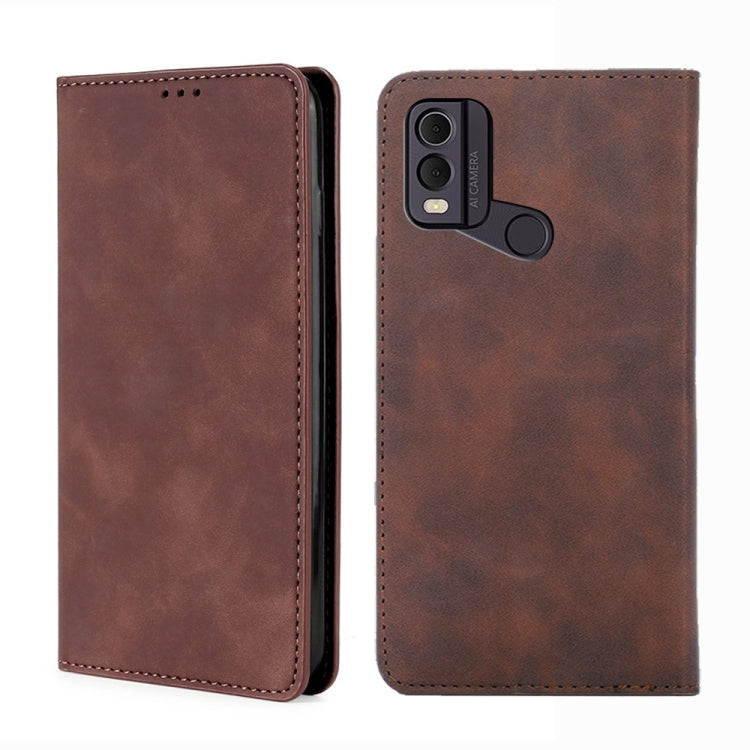 Magnetic leather phone wallet case, dark brown, with camera cutout and magnetic flap.