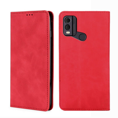 Red leather folio phone case with stitching and camera cutout for a phone