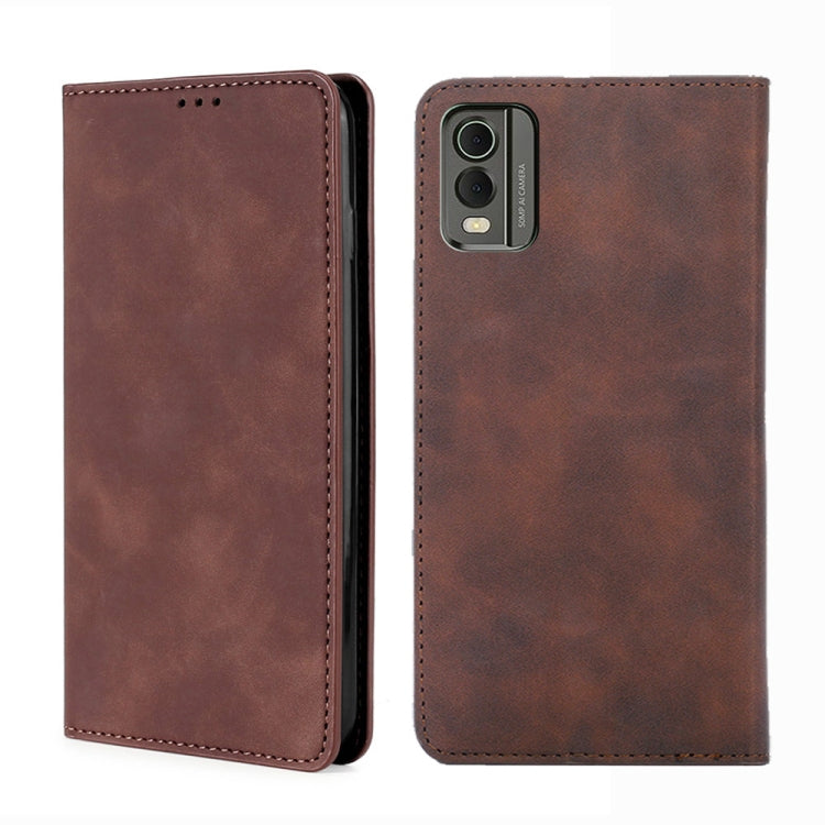 Magnetic leather phone wallet case, dark brown, two-piece view with side button cutout.