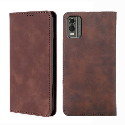 Magnetic leather phone wallet case, dark brown, two-piece view with side button cutout.