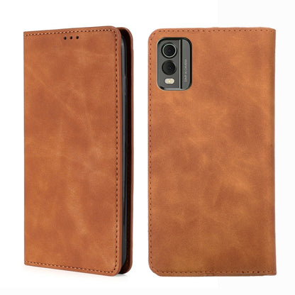 Tan leather phone case with front speaker cutout and rear camera opening