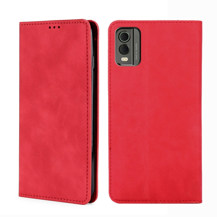Red leather folio phone case with stitched edges and camera cutout