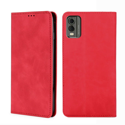 Red leather folio phone case with stitched edges and camera cutout