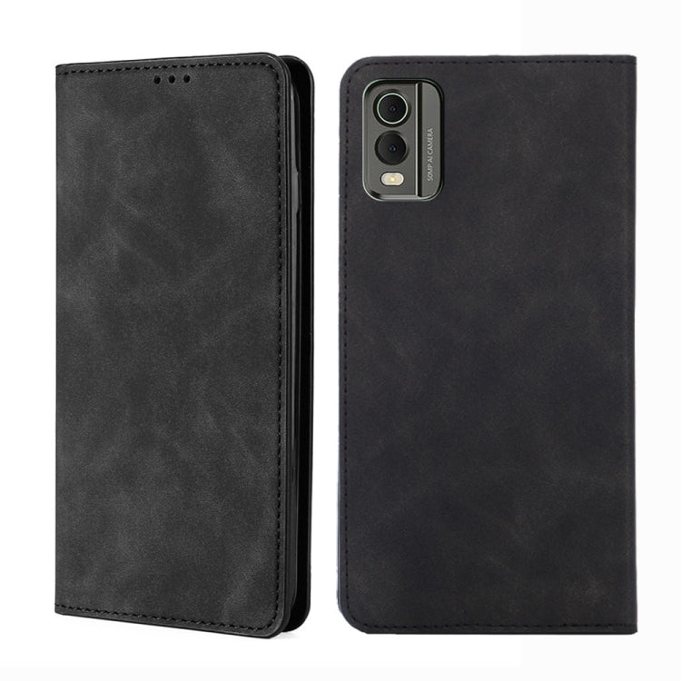Dark brown magnetic leather wallet phone case with camera cutout and stitched edges