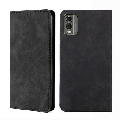 Dark brown magnetic leather wallet phone case with camera cutout and stitched edges