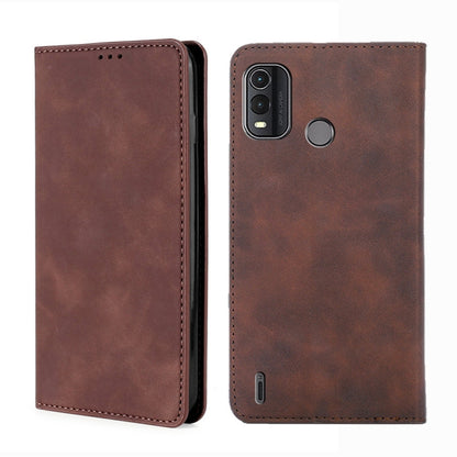 Magnetic leather phone wallet case, dark brown, with camera cutout and side access opening.