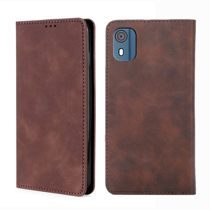 Dark brown leather folio phone case with stitching and camera cutout