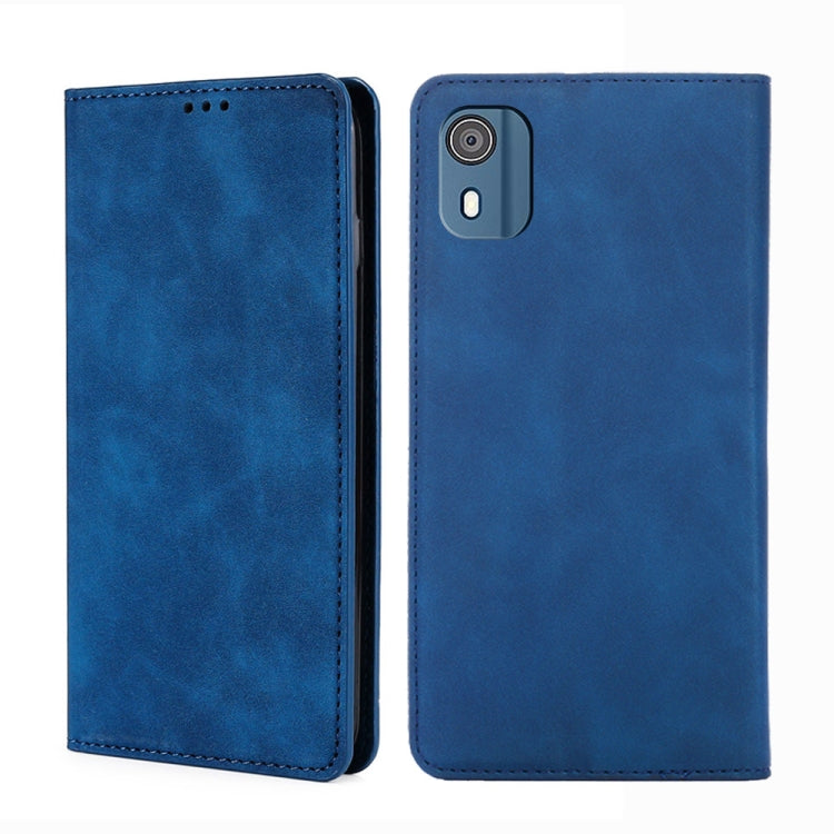 Blue leather folio phone case with stitching and camera cutout