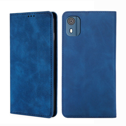 Blue leather folio phone case with stitching and camera cutout
