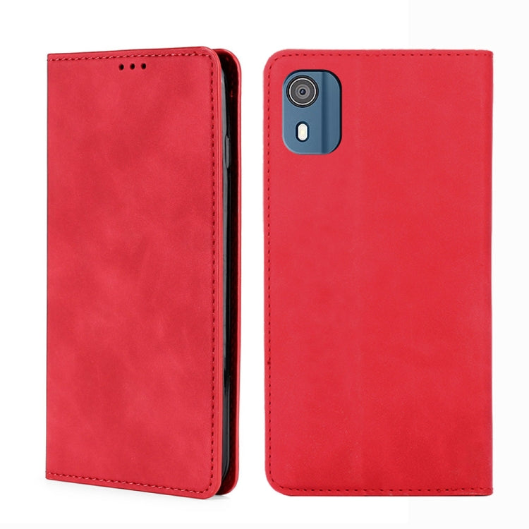 Red leather folio phone case with stitching and camera cutout on the back