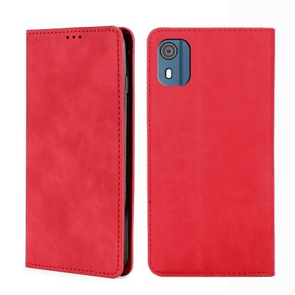 Red leather folio phone case with stitching and camera cutout on the back