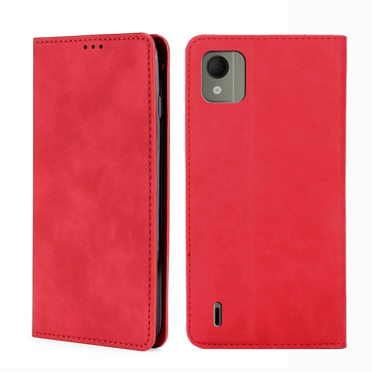 Red magnetic leather phone case with flip cover and camera cutout