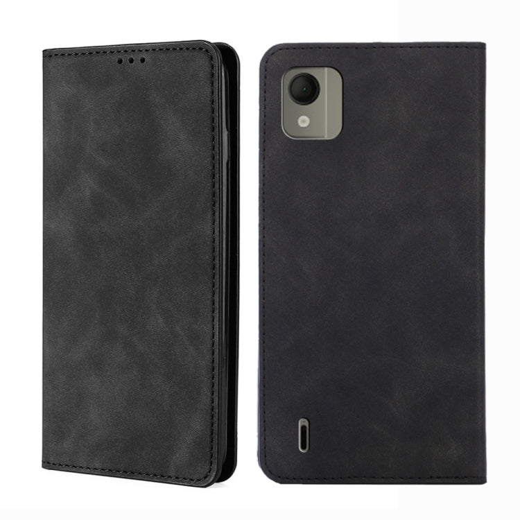 Black leather folio phone case with stitching and camera opening for a phone