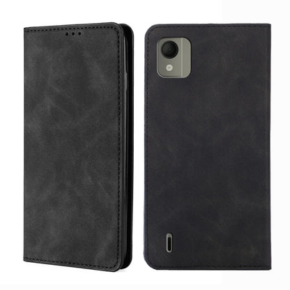 Black leather folio phone case with stitching and camera opening for a phone