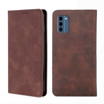 Dark brown leather phone case with front speaker cutout and rear camera opening