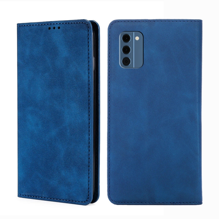 Blue leather phone case with front speaker cutout and rear camera opening