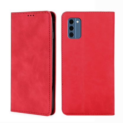 Red leather phone case with front speaker cutout and rear camera opening