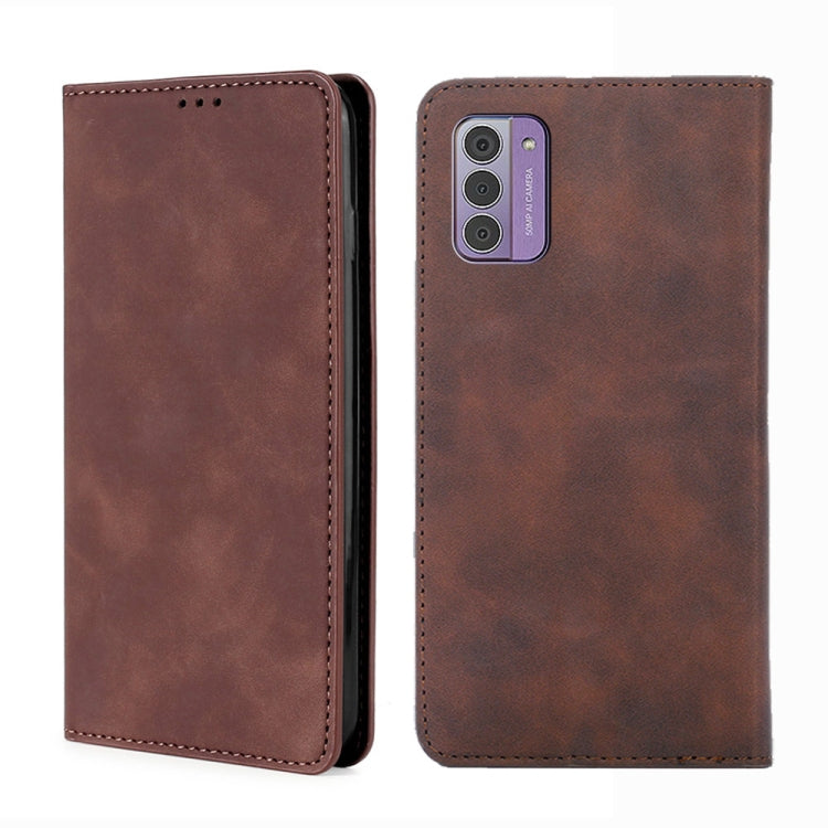 Magnetic leather phone wallet case, dark brown, two-piece view with camera cutout.