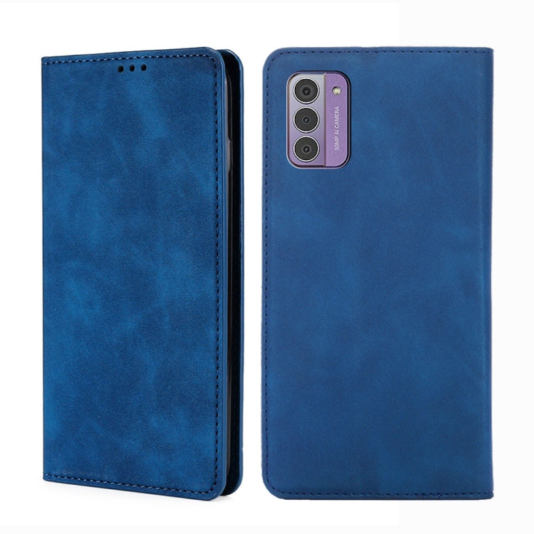 Magnetic leather phone wallet case, blue, two-piece view with camera cutout.