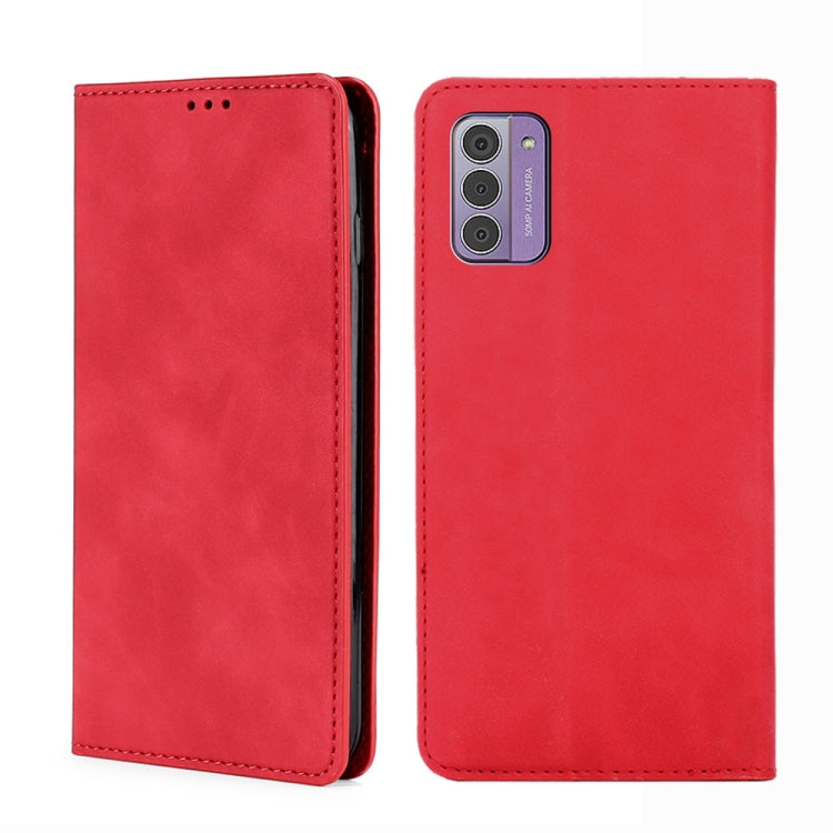 Red leather phone case with front speaker cutout and rear camera opening