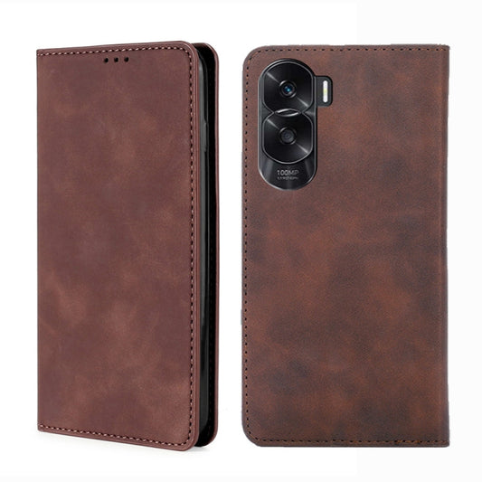 Dark brown magnetic leather phone case with camera cutout and stitched edges
