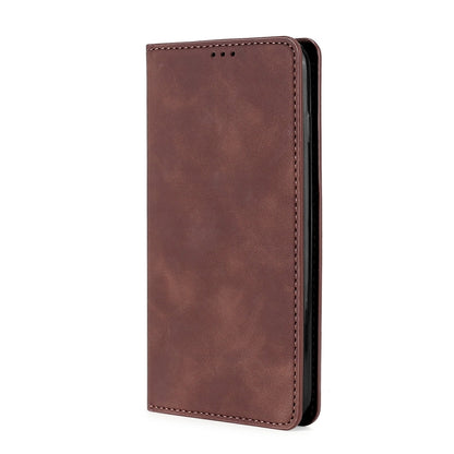 Dark brown magnetic leather phone case with top speaker cutouts and stitched trim