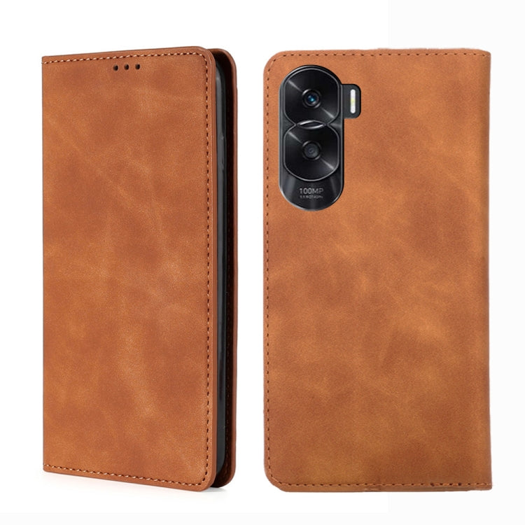 Light brown magnetic leather phone case with camera cutout and stitched border