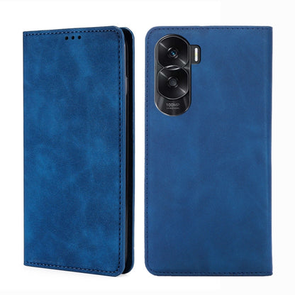 Blue magnetic leather phone case with camera opening and stitched edges