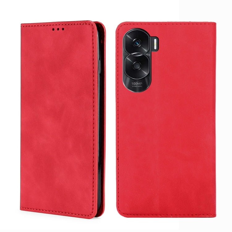 Red magnetic leather phone case with camera cutout and stitched trim