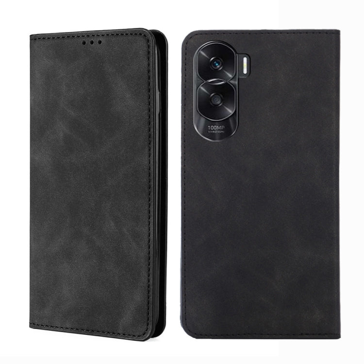 Black magnetic leather phone case with camera opening and stitched edges