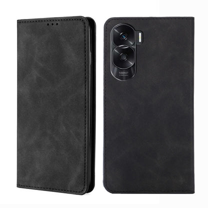 Black magnetic leather phone case with camera opening and stitched edges