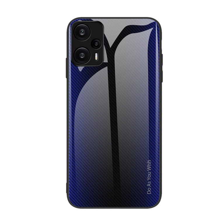 Blue gradient glass TPU phone case with carbon-fiber style pattern and dual camera cutouts.