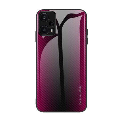 Rose red gradient glass TPU phone case with carbon-fiber style pattern and dual camera cutouts.